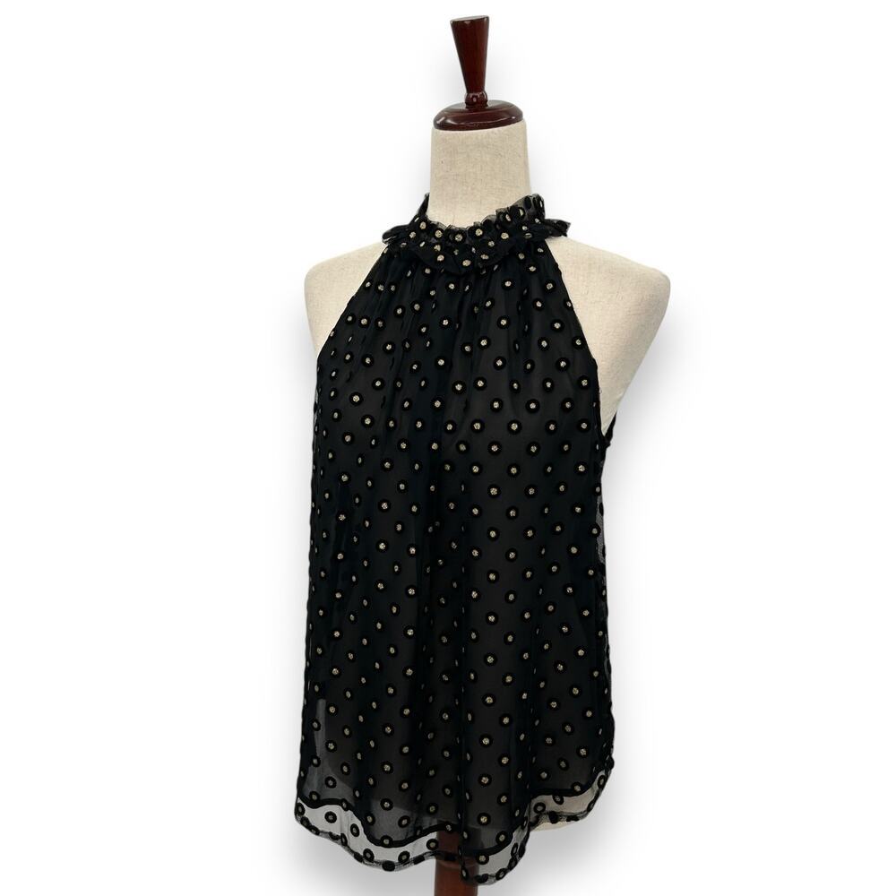 LOFT Black & Gold Polka Dot Velvet Detail Sleeveless Blouse | Size Small | NWT - Picture 4 of 13